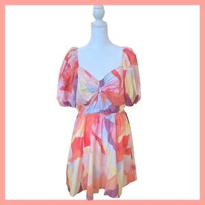 New W/Tags‎ H&M Mini Dress Abstract Watercolor Puff Sleeve Open Back Sz. S